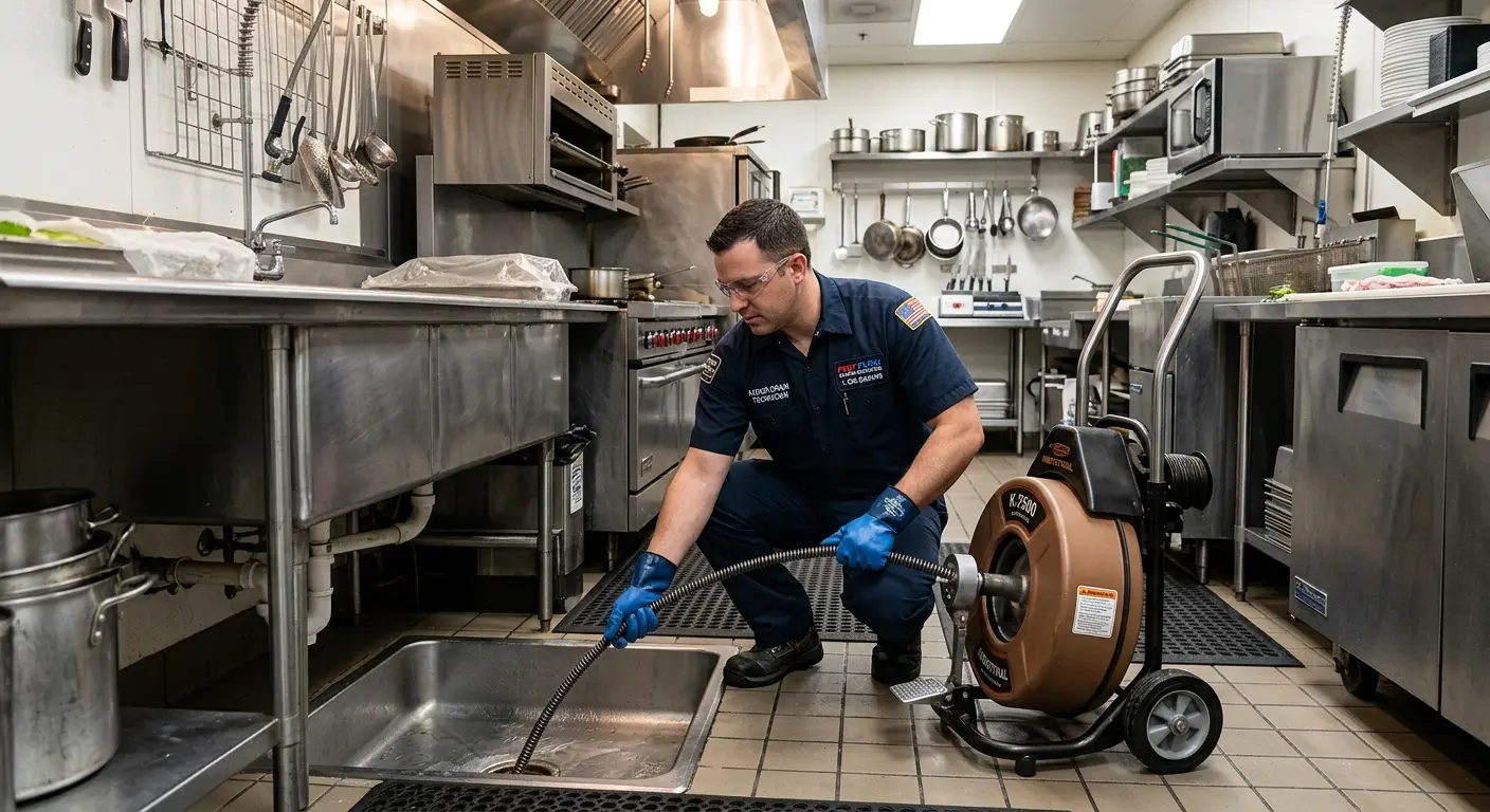 Commercial drain cleaning service in a restaurant kitchen in Fussels Corner