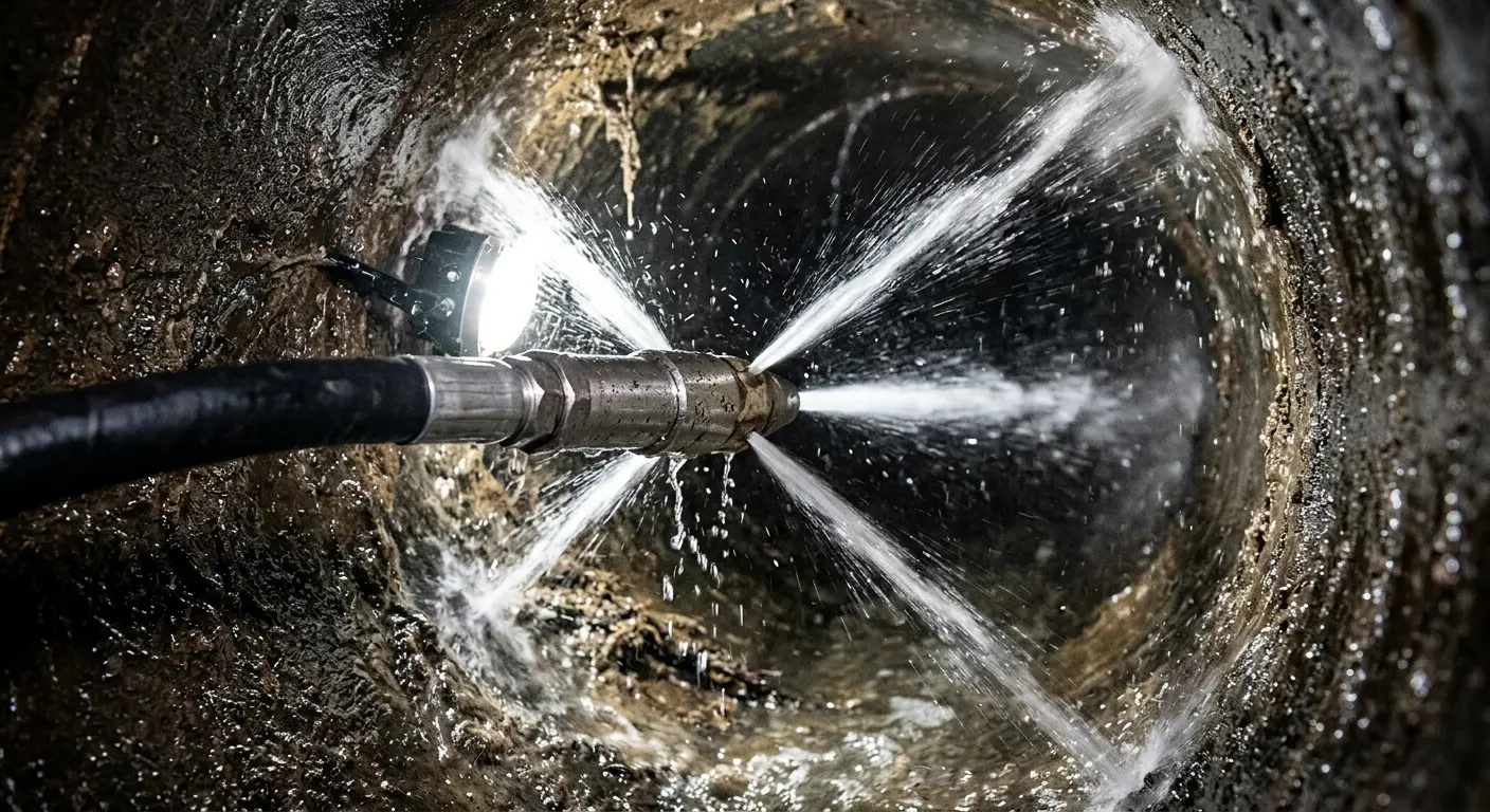 High-pressure hydro jetting nozzle cleaning sewer pipe for Emergency Drain Service in Fussels Corner