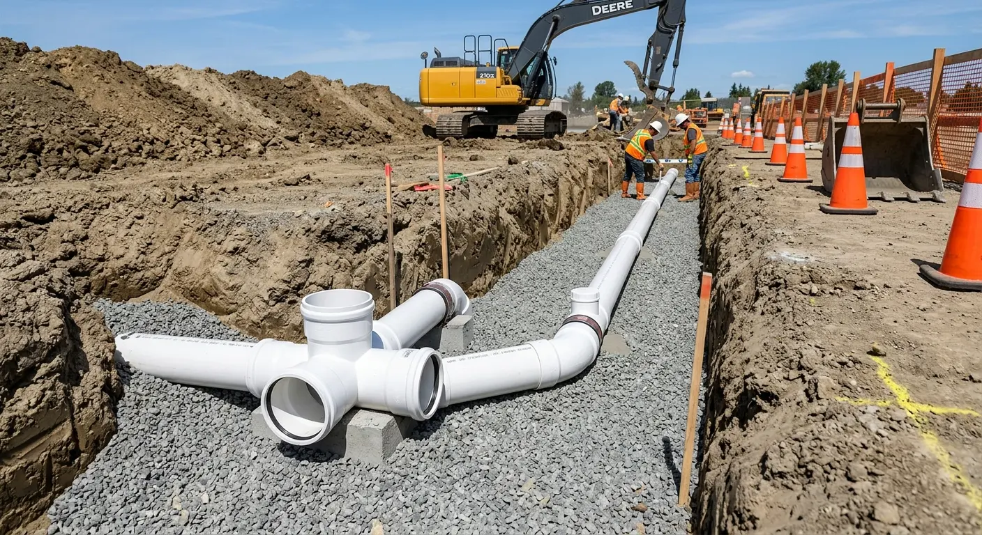 New PVC sewer pipe installation in open trench for Sewer Backup in Fussels Corner