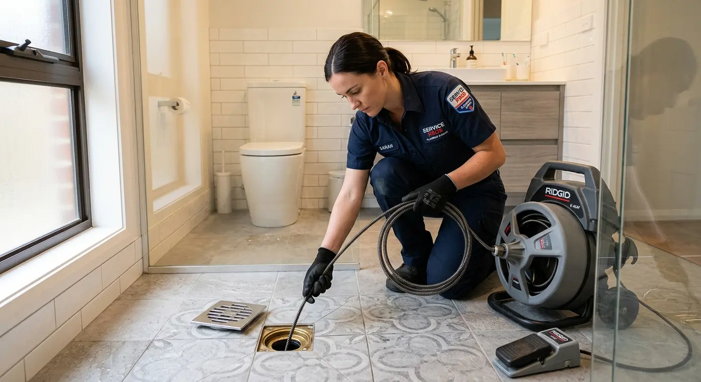 Technician clearing a bathroom floor drain for Drain Cleaning in Fussels Corner